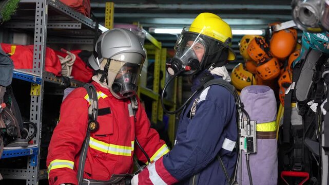 Firefighter respirator safety training protective gear fire station rescue equipment helmet breathing apparatus, two responders adjust face mask, harness, oxygen cylinder in gear room during drill