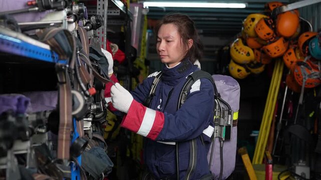 Firefighter rescue equipment gear helmet storage station safety, female worker inspects breathing apparatus and harness, protective gear readiness check in indoor rescue truck service bay