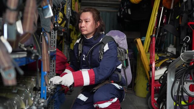 Firefighter rescue emergency equipment oxygen cylinder breathing apparatus uniform maintenance workshop technician adjusts valve, paramedic checks oxygen tank gear, pre shift inspection safety