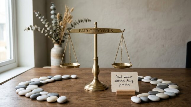 Golden brass scales of justice standing on a wooden desk with smooth zen stones and a motivational note about good values and fair outcomes for ethical business practices and legal concepts