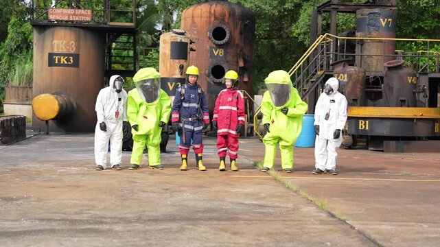 Hazmat suit emergency responder hazardous material safety rescue training chemical spill drill at refinery yard, team in respirator, helmet, protective clothing near tanks for confined space drill
