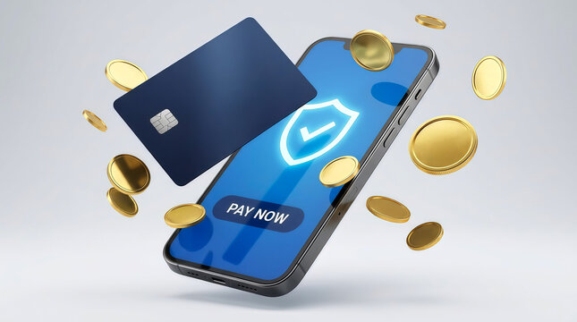 A Secure Mobile Payment App Concept with Credit Card and Flying Gold Coins