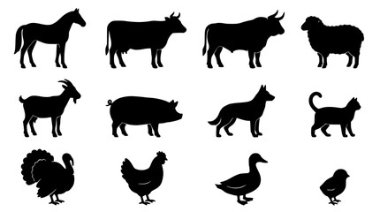 Obraz premium Farm Animals Silhouettes Vector Set Featuring Horses, Cows, Goats, Pigs, Dogs, Sheep, Turkeys, Chickens, and Ducks in Black Outlin