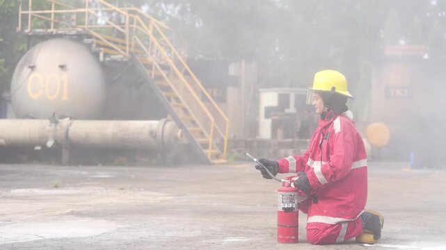 Fire extinguisher safety firefighter industrial smoke emergency training worker protective clothing helmet refinery drill, kneeling beside tank pipeline, spraying suppressant, outdoor nozzle control
