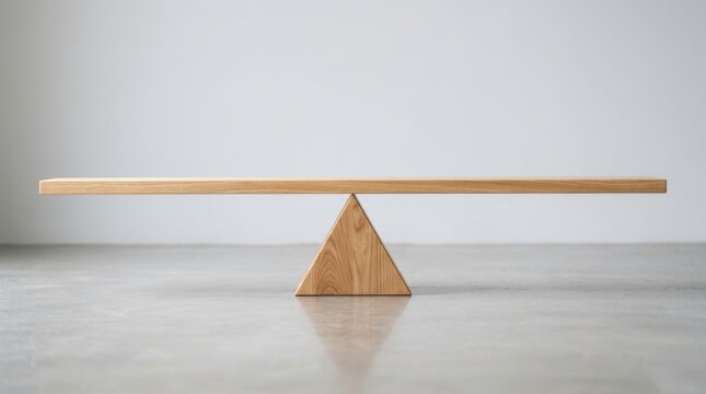 Minimalist wooden seesaw balanced perfectly on a triangle base inside a clean white studio room representing business stability and harmony in work life balance for professional corporate concepts. No