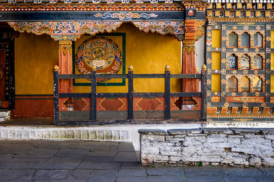 Bhutan, Paro, beautiful wooden decoration inside Rinpung Dzong.