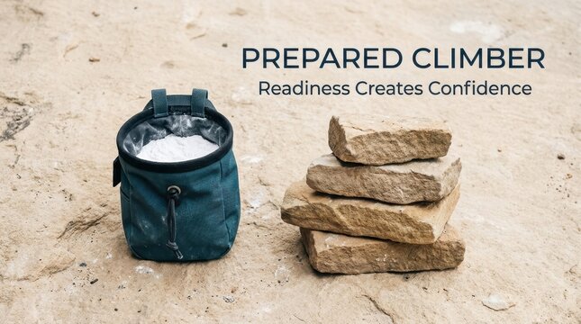 Blue climbing chalk bag filled with white magnesium powder and stacked natural stones on a rocky outdoor surface, representing readiness and confidence for extreme rock climbing and athletic sports.
