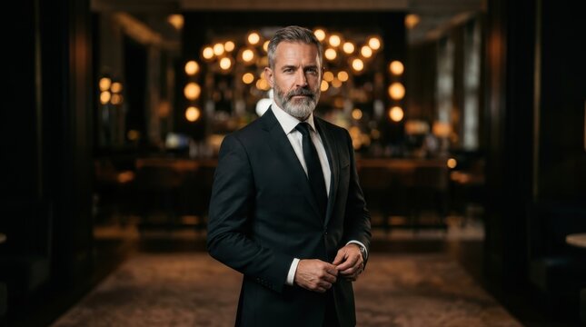 Confident mature businessman in a black suit standing in a luxury lounge setting, representing executive leadership and professional success within a high end corporate environment at a