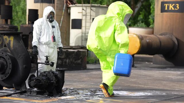 Hazmat suit worker managing chemical spill at industrial site, safety contamination cleanup with protective clothing, hazardous material decontamination response, securing canister near tank valve