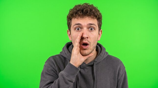 Young Person Whispering a Shocking Secret on Green Screen Background