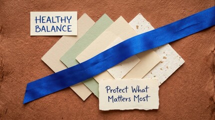 Elegant wellness composition featuring healthy balance and protect what matters most text on recycled cards with a blue ribbon over a brown textured paper background ideal for health and insurance aid
