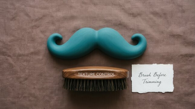 Elegant teal handlebar mustache prop rests beside a professional wooden beard brush and a handwritten note on a rustic brown textile background, perfect for mens grooming and barber shop styling