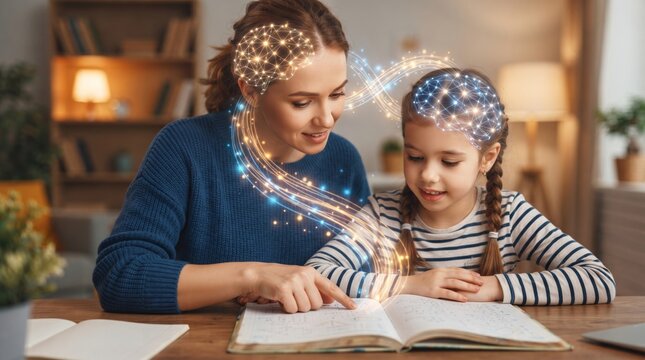 Woman teacher helping young girl with homework. Mother and daughter concept with digital brain connection icon. Technology in education and neurobiology for cognitive development at home.