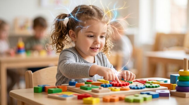 Child girl playing with wooden gear toy in kindergarten. Creative thinking and child development concept. Glowing brain activity visualization. Education and learning with puzzle shape.