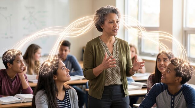 Teacher explaining lesson to student with glowing brain connection. Classroom communication and knowledge transfer. Concept of learning, digital intelligence and academic mental connection.