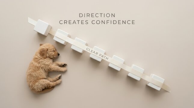 Golden retriever puppy sleeps peacefully beside a conceptual clear path made of white blocks and ribbon. This imagery illustrates how direction creates confidence for growth and future success.