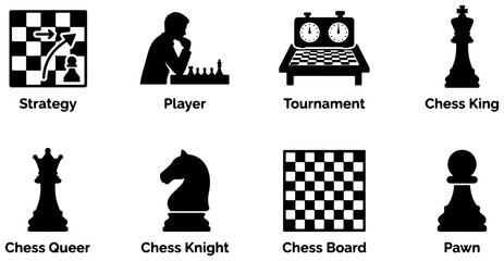 Chess Icons Set: Strategy, Player, Tournament, King, Queen, Knight, Board, Pawn Graphics © Alif