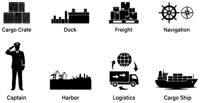 Logistics & Shipping Icons: Cargo, Harbor, Captain, Navigation, Freight, Dock, Transport