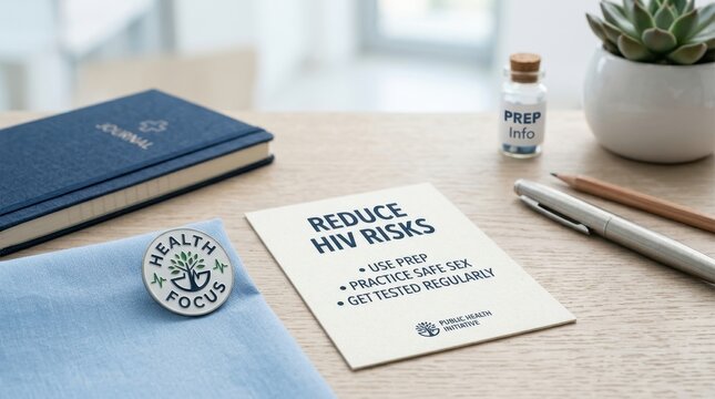 Informative HIV awareness card sits on wooden office desk with prep bottle and health focus pin, representing proactive healthcare and disease prevention efforts for public safety and medical