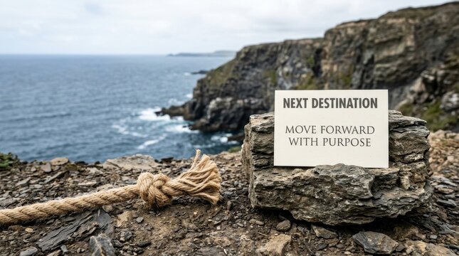 Inspirational sign next destination move forward with purpose sits on rocky coast with sea view and rope knot, symbolizing life journey, ambition, and personal growth for travel and success