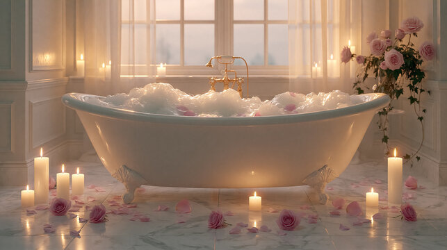 Clawfoot bathtub filling with bubble bath and pink rose petals at sunset, creating a relaxing luxury spa experience with lit candles