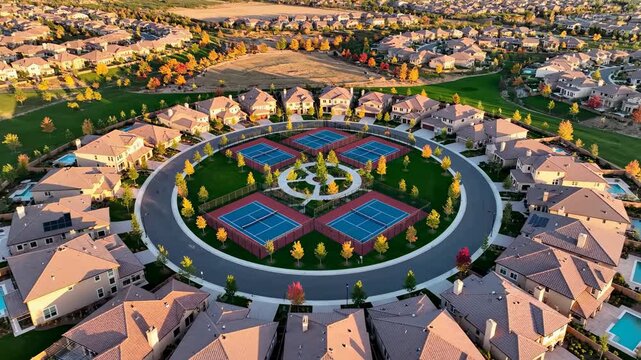 Aerial View of Circular Suburban Neighborhood with Central Tennis Courts and Autumn Foliage, Perfect for Real Estate Marketing.