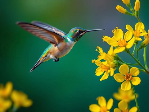 Iridescent hummingbird hovering above bright yellow flowers, Wing, Close-up