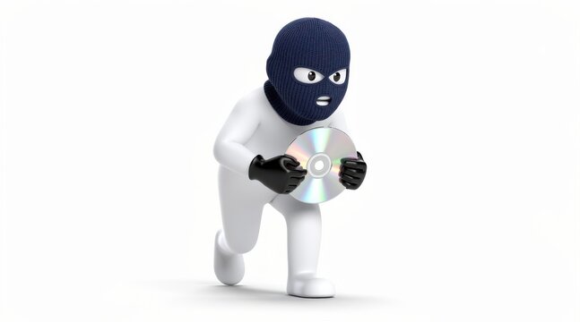 3D character wearing a balaclava stealing a digital disc.