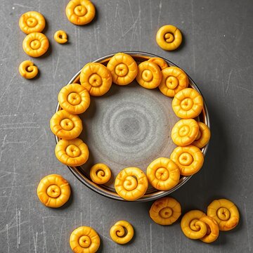 Golden spiral-shaped murukku snacks arranged in a chakhali on a gray background, chakhali, aromatic