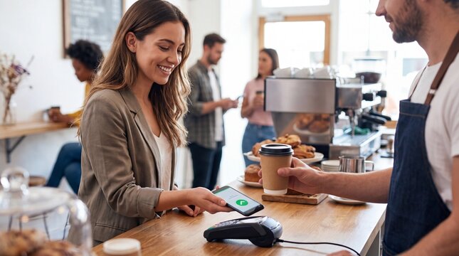Smiling Young Woman Making Contactless Payment with Smartphone in Modern Coffee Shop