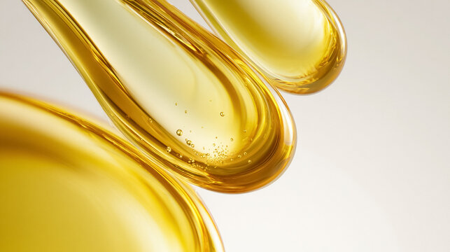 Golden oil drops forming abstract shapes with air bubbles, representing liquid cosmetic serum, pure beauty, and natural essence