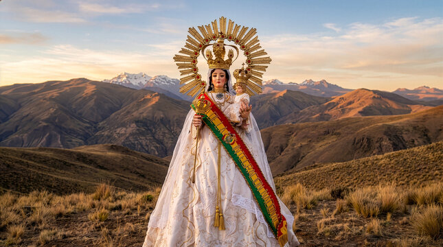 Virgen de Urkupi&ntilde;a con el Ni&ntilde;o Jes&uacute;s en un paisaje de los Andes de Bolivia