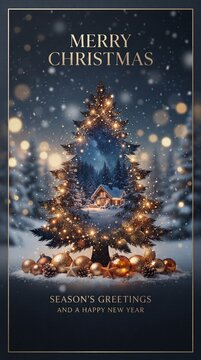 Silhouette of a Christmas tree merged with a snowy pine forest landscape, new year greeting card concept