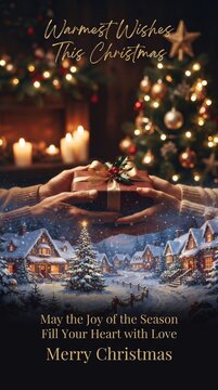 Double exposure image of hands holding a gift box merged with snowy Christmas scenery