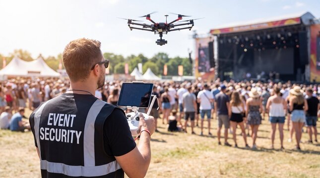 Professional Event Security Guard Operating Surveillance Drone at Outdoor Music Festival