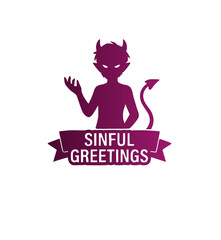 Purple silhouette Halloween emblem featuring a mischievous devil demon character with horns and a sinful greetings ribbon banner vector graphic art © jesmin_