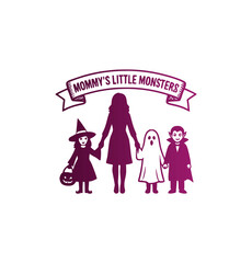 Obraz premium Purple silhouette Halloween emblem featuring a mother holding hands with three children in spooky costumes with a mommys little monsters ribbon banner vector graphic art