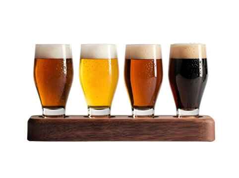 Beer Flight Tasting with Four Different Beers on Wooden Board on white background , Isolated on Transparent Background, PNG, Generative AI