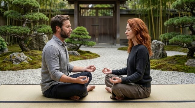 Two people meditating facing each other in a peaceful Zen garden
