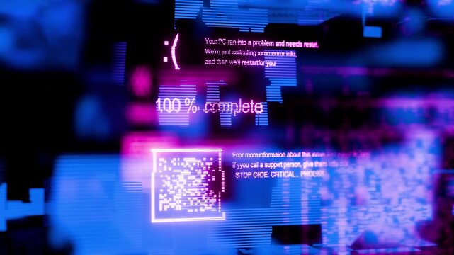 Hacker attack. Operating system error. Error report. Animation of a driver, memory, or system process error. Virus attack. Glitch effect of a system error.