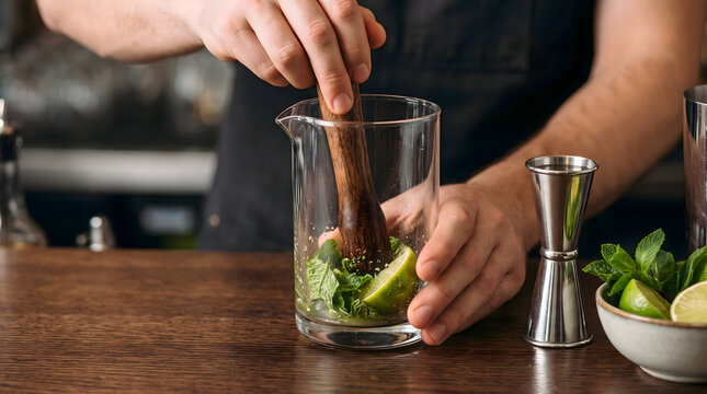 Bartender muddling mint and lime for cocktail