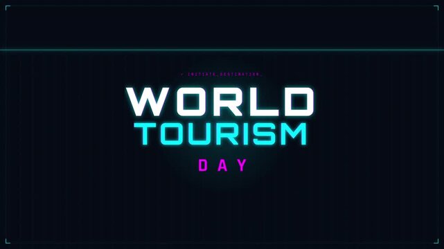 World Tourism Day animated text graphic with glitch effect on dark background