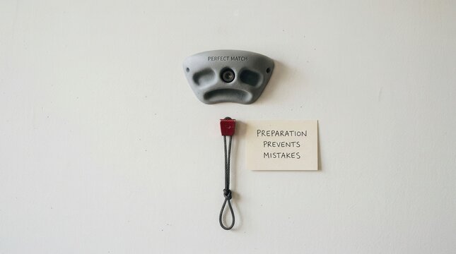 Climbing hold and safety nut gear mounted on a wall with a motivational note stating preparation prevents mistakes representing safety measures and success in high risk extreme outdoor