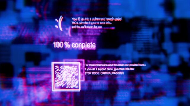 Glitch effect of a system error. Hacker attack. Operating system error. Error report. Animation of a driver, memory, or system process error. Virus attack.