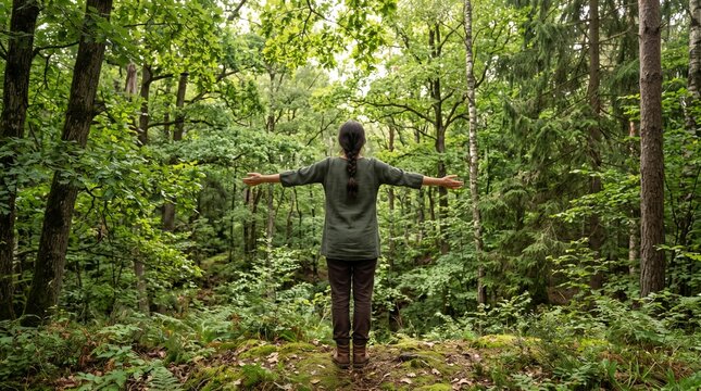 Woman with arms outstretched in lush green forest expressing freedom and connecting with nature