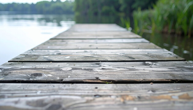 Wooden pier extending over a calm lake surface with blurry forest background in a peaceful natural outdoor summer setting