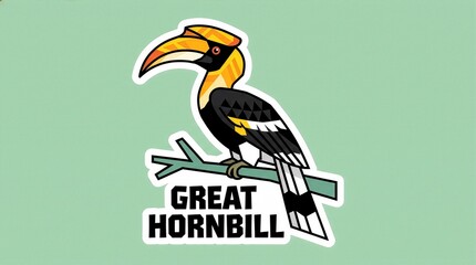 Obraz premium 2D Geometric Great Hornbill Sticker Illustration with Bold Lettering