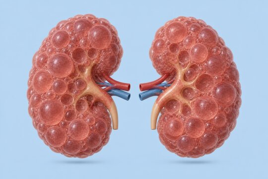 Detailed 3D illustration of human kidneys affected by polycystic kidney disease (PKD), showing multiple fluid-filled cysts covering the organs and internal structures