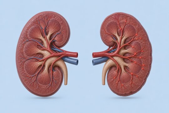 Detailed 3D illustration comparing a cross-section of a healthy human kidney with a kidney affected by hypertensive nephropathy, showing vascular damage and internal structural changes caused by high 