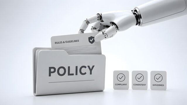 Robot hand organizing a rules and guidelines document into a policy folder symbolizing automated compliance and artificial intelligence in corporate administration.